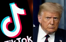 (FILES) In this combination of file pictures created on August 1, 2020 shows the logo of the social media video sharing app Tiktok displayed on a tablet screen in Paris, and US President Donald Trump at the White House in Washington, DC, on July 30, 2020. - Video app Tiktok said on August 22, 2020, it will challenge in court a Trump administration crackdown on the popular Chinese-owned service, which Washington accuses of being a national security threat. PHOTO: LIONEL BONAVENTURE / JIM WATSON / AFP