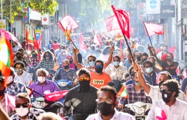 Participants of the motorcycle rally hosted in capital Male' by the opposition coalition of Progressive Party of Maldives (PPM) and People's National Congress (PNC). EC has decided to fine both parties over violating HPA guidelines. PHOTO: AHMED AWSHAN/MIHAARU