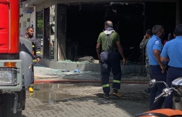 MNDF firefighters on the scene after a fire broke out in a clothing shop in Henveiru Ward of Male' on August 30, 2020. PHOTO: NISHAN ALI / MIHAARU