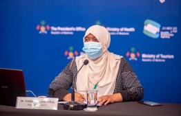 HEOC spokesperson and Health Protection Agency (HPA)'s Medical Officer Dr Nazla Rafeeq speaks at press conference regarding COVID-19 situation in Maldives. PHOTO/HEOC