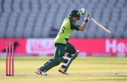Pakistan's Haider Ali bats during the international Twenty20 cricket match between England and Pakistan at Old Trafford cricket ground in Manchester, north-west England, on September 1, 2020. (Photo by Mike Hewitt / POOL / AFP) / 