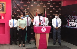 PPM's Vice President Dr Mohamed Muizzu speaks at the PPM/PNC press conference held on September 2, 2020, to announce the opposition coalition's Island Steering Committee elections. PHOTO: PPM/PNC 
