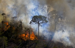 (FILES) In this file photo taken on August 15, 2020 smoke rises from an illegally lit fire in Amazon rainforest reserve, south of Novo Progresso in Para state, Brazil. - The number of fires in the Brazilian Amazon last month was the second-highest in a decade for August, nearing the crisis levels that unleashed a flood of international condemnation last year, official figures showed on September 1, 2020. (Photo by CARL DE SOUZA / AFP)