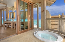 An outdoor bathroom with direct access to the sea in one of the Water Retreats. PHOTO: SONEVA FUSHI