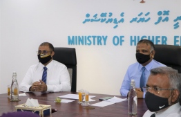 Minister of Higher Education Dr Ibrahim Hassan (C-R) and chief guest Minister of Tourism Dr Abdulla Mausoom during the virtual launching ceremony for the 'Annual Higher Education Statistics' publication. PHOTO: MINISTRY OF HIGHER EDUCATION