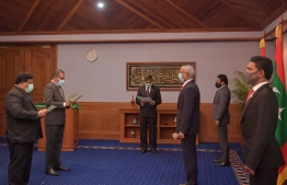 The ceremony held to appoint Ali Rasheed Hussain and Dr Mohamed Ibrahim to the Supreme Court. PHOTO: PRESIDENT'S OFFICE