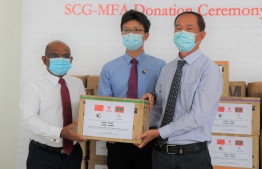 Shanghai Construction Group (SCG) of China donated essential personal protective equipment and other medical supplies, for Maldives' COVID-19 response, on September 10, 2020. PHOTO/FOREIGN MINISTRY