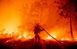 A firefighter douses flames as they push towards homes during the Creek fire in the Cascadel Woods area of unincorporated Madera County, California on September 7, 2020. - A firework at a gender reveal party triggered a wildfire in southern California that has destroyed 7,000 acres (2,800 hectares) and forced many residents to flee their homes, the fire department said Sunday. More than 500 firefighters and four helicopters were battling the El Dorado blaze east of San Bernardino, which started Saturday morning, California Department of Forestry and Fire Protection (Cal Fire) said. (Photo by JOSH EDELSON / AFP)