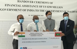 The Indian government on September 20, 2020, handed over USD 250 million to Maldives as budgetary support to mitigate the economic impact of the ongoing COVID-19 pandemic, marking the largest single donor assistance extended to the island nation in history. PHOTO/FOREIGN MINISTRY