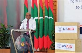 Foreign Minister Abdulla Shahid speaks at the ceremony held to receive 60 portable critical care ventilators, donated from the US government through USAID to Maldives, on September 24, 2020. PHOTO/FOREIGN MINISTRY