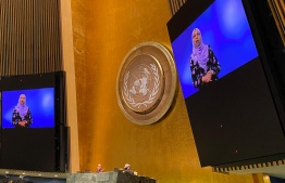 Minister of Gender, Family and Social Services Aishath Mohamed Didi's address displayed at the United Nations Headquarters in New York, United States. PHOTO: MINISTRY OF GENDER, FAMILY AND SOCIAL SERVICES