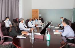 Minister of Foreign Affairs Abdulla Shahid and Minister of Finance Ibrahim Ameer sitting down for discussions with Ambassador of China to Maldives Zhang Lizhong and relevant officials. PHOTO: FOREIGN MINISTRY