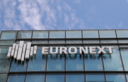(FILES) This file photo taken on April 27, 2020, shows the Euronext logo at the headquaters in La defense district, near Paris. - Paris bourse trade suspended in the morning of October 19, 2020, due to 'technical problem', Euronext announced. (Photo by Ludovic MARIN / AFP)