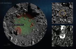 This NASA handout image obtained on October 21, 2020 shows Nightingale Hazard Map and TAG Location (L-top R) and NASA's robotic arm from spacecraft Osiris-Rex (bottom R) making contact with asteroid Bennu to collect samples. - The U.S. space agency released October 21 the first images of the soil sampling operation of asteroid Bennu by the Osiris-Rex probe the day before, which show that the device has probably succeeded in recovering dust particles or pebbles. The probe touched the ground of the asteroid for about 6 seconds to recover, with the help of an arm, grains of sand and dust from the soil of Bennu, lifted from the surface by a blast of compressed gas. (Photo by Handout / NASA / AFP) / 