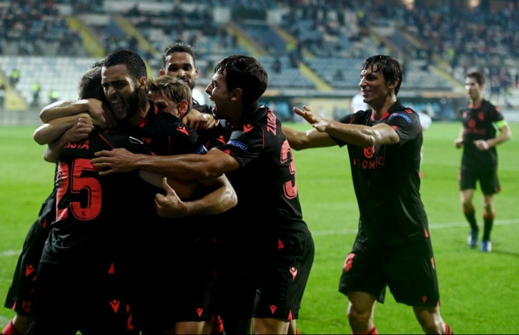 Players of HNK Rijeka celebrate after scoring a goal during the