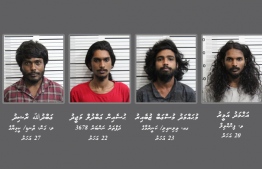 The four individuals, Ahmed Ameer, Hussain Abdul Majeed, Mohamed Mus'ab Zubair and Abdulla Rasheed, aged 20, 22, 23 and 27, respectively, attempted to snatch a box containing MVR 4.2 million from the tobacco shop 'ROOT'. PHOTO: MALDIVES POLICE SERVICE