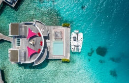 Aerial photograph of overwater retreat at Lux* North Male' Atoll. PHOTO: LUX* NORTH MALE ATOLL