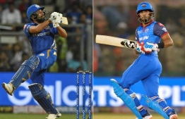 (FILES) In this combination of file photos created on November 9, 2020, Mumbai Indians' captain Rohit Sharma plays a shot during the 2019 Indian Premier League (IPL) Twenty20 cricket match between Mumbai Indians and Royal Challengers Bangalore at the Wankhede Stadium in Mumbai on April 15, 2019 (L) and Delhi Capitals' cricketer Shreyas Iyer watches after playing a shot during the 2019 Indian Premier League (IPL) Twenty20 cricket match between Kings XI Punjab and Delhi Capitals at the Punjab Cricket Association Stadium in Mohali on April 1, 2019. - Rohit Sharma's defending champions Mumbai Indians are aiming for a record-extending fifth title in the Indian Premier League final on November 10, 2020, but Delhi Capitals under Shreyas Iyer are threatening a changing of the guard. (Photo by Indranil MUKHERJEE and Sajjad HUSSAIN / AFP) / 