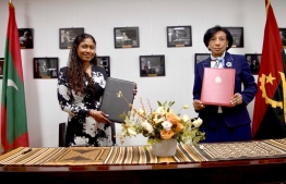 Permanent Representatives to the UN, Thilmeeza Hussain from Maldives (L) and Maria de Jesus dos Reis Ferreira from Angola, sign Joint Communiqué formalising the diplomatic relations between Maldives and Angola. PHOTO/FOREIGN MINISTRY