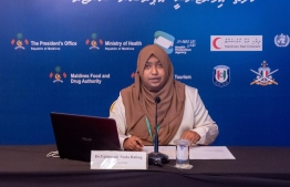 HEOC spokesperson and Health Protection Agency (HPA)'s Medical Officer Dr Nazla Rafeeq speaks at a press conference. PHOTO/HEOC