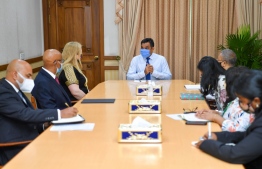 Vice President Faisal Naseem and  United Nations Resident Coordinator to Maldives Catherine Haswell during the meeting. PHOTO: PRESIDENT'S OFFICE