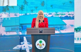 Minister of Transport and Civil Aviation Aishath Nahula addresses the opening ceremony for Hoarafushi Airport, which took place in November. PHOTO: MIHAARU