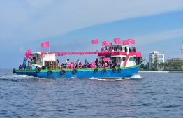 Opposition holding a protest on a boat to avoid gathering restrictions. PHOTO: AHMED AWSHAN ILYAS/ MIHAARU