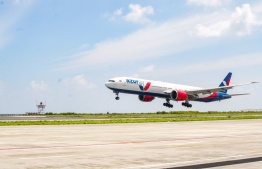 The Azur Air flight that landed in Maldives on Saturday. PHOTO: VELANA INTERNATIONAL AIRPORT