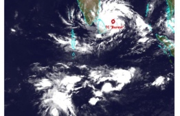 A satellite image taken of December 02 which depicts the position of Cyclone Burevi near Sri Lanka as well as the low pressure system in the southeast of Maldives