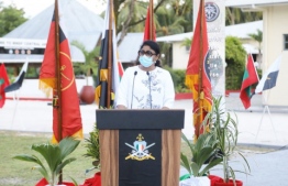 Minister of Defence Mariya Didi, on Thursday, honoured the closing ceremony of a military training programme conducted for Maldives National Defence Force (MNDF)’s Marines by a military training team from the United Kingdom (UK). PHOTO: MINISTRY OF DEFENCE