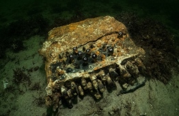 A rare Enigma cipher machine used by the Nazi military during World War Two is pictured on the seabed of Gelting Bay near Flensburg, Germany, on November 11, 2020. (REUTERS/Christian Howe)