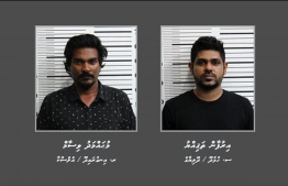 L-R: Mohamed Visam, 28, from R.Inguraidhoo, and Irufan Thagiyyu, 32, from S.Hulhudhoo are accused of masterminding the trafficking of 72kg drugs into Maldives. PHOTO/POLICE