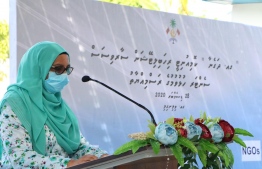 Minister of Gender, Family and Social Serivices Aishath Mohamed Didi speaking at the inauguration ceremony of the community rehabilitation services centre 'Dhagenaa', unveiled at Vilingili, Gaafu Alif Atoll. PHOTO: GENDER MINISTRY