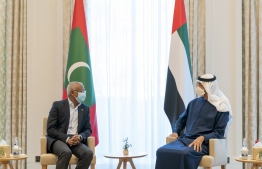 ABU DHABI, UNITED ARAB EMIRATES - January 04, 2021: HH Sheikh Mohamed bin Zayed Al Nahyan, Crown Prince of Abu Dhabi and Deputy Supreme Commander of the UAE Armed Forces (R), meets with HE Ibrahim Mohamed Solih, President of the Maldives (L), at Al Shati Palace.

( Mohamed Al Hammadi / Ministry of Presidential Affairs )
---