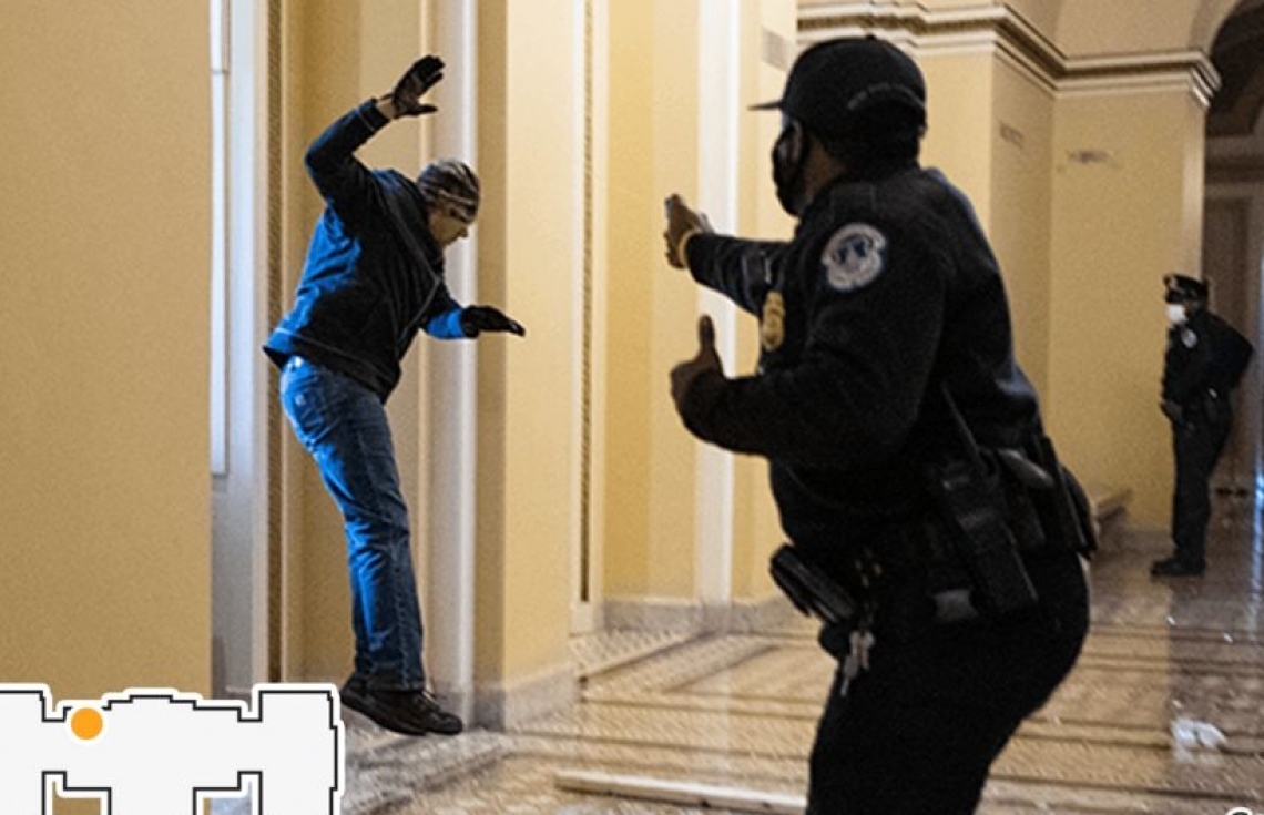 ވޮޝިންޓަން - ޖެނުއަރީ 7، 2020: ޓްރަމްޕުގެ ސަޕޯޓަރަކު ކޮންގްރެސްގެ ޗެމްބަރަށް ވަންނަން އުޅޭ އިރު ސަލާމަތީ އޮފިސަރަކު އޭނާ ހުއްޓުވަން މަސައްކަތް ކުރަނީ. --ފޮޓޯ:ގެޓީ އިމޭޖަސް