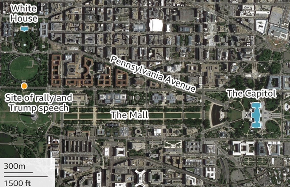 ވޮޝިންޓަން - ޖެނުއަރީ 7، 2020: ޓްރަމްޕް އެއްވުން ބޭއްވި ސަރަހައްދު އަދި ކެޕިޓޮލް ބިލްޑިން ދައްކުވައިދޭ ޗާޓެއް.