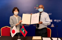 Ambassador of Japan to Maldives Keiko Yanai present medical equipment worth USD 5.6 milliom to Maldives' Minister of Health Ahmed Naseem. PHOTO/EMBASSY OF JAPAN