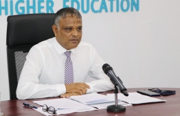 Minister for Higher Education, Dr. Ibrahim Hassan speaking at a press conference held at the Minister of Higher Education -- Photo: Mihaaru Photos