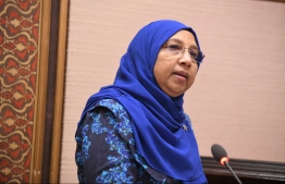 (FILE) Gender Minister Aishath Mohamed Didi addressing the parliament on International Women's Day on March 8, 2022: she had said the ministry had discussed with the President's Office regarding creating child care spaces in offices -- Photo: Parliament