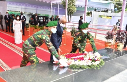 President Solih taking part in a wreath-laying ceremony at the National Martyrs' Memorial in Bangladesh. PHOTO: PRESIDENTS OFFICE