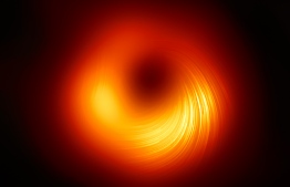 This handout photograph released by The European Southern Observatory on March 24, 2021, shows the polarised view of the black hole in the Messier 87 (M87) galaxy, with lines marking the orientation of polarisation, which is related to the magnetic field around the shadow of the black hole by The Event Horizon Telescope (EHT) collaboration. - The astronomers who gave the world it's first true glimpse of a black hole have produced another landmark image, this time capturing the polarised light swirling around the same star-eating monster's magnetic fields.
But it is more than just a pretty picture. Never before has it been possible to measure polarisation -- which causes light waves to vibrate in a single plane -- so close to the edge of a black hole.  The new observations, based on data collected by the Event Horizon Telescope (EHT) in 2017, are key to understanding how a galaxy can project streams of energy thousands of lightyears outward from its core, more than 300 scientists reported Wednesday in a pair of studies. (Photo by Handout / European Southern Observatory / AFP) / RESTRICTED TO EDITORIAL USE - MANDATORY CREDIT "AFP PHOTO /EUROPEAN SOUTHERN OBSERVATORY " - NO MARKETING - NO ADVERTISING CAMPAIGNS - DISTRIBUTED AS A SERVICE TO CLIENTS