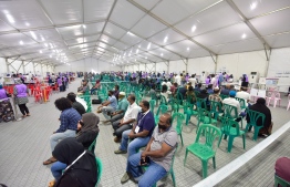 Apr 10, 2021: Polling at a tent installed at Maafannu Stadium for local council elections: Tents will be set up in Malé City for the parliamentary elections as well. -- Photo: Nishan Ali