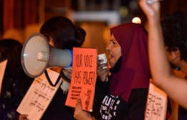 (FILE) Photo taken at a protest against sexual harassment in workplaces held on May 1, 2021: Criminal Court sentenced a man to 30 years in jail for sexual violence against his step children, aged 11 and 16 -- Photo: Nishan Ali / Mihaaru