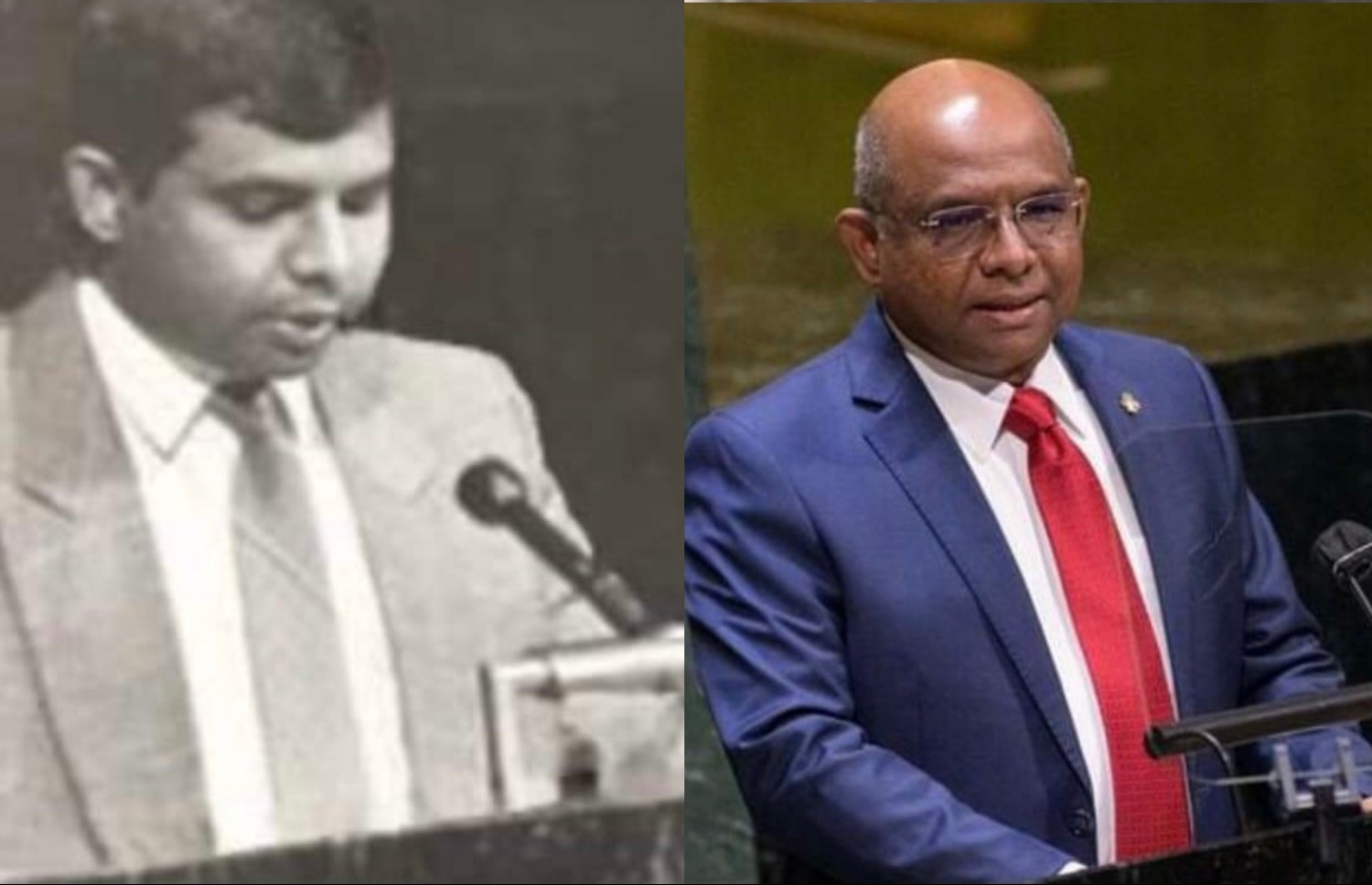 ފޮރިން މިނިސްޓަރު އަބްދުﷲ ޝާހިދު އދ. ގެ އާންމު މަޖިލީހުގައި ވާހަކަދައްކަވަނީ: ކުރީގެ ފޮޓޯއަކާއި ފަހުގެ ފޮޓޯއެއް.--