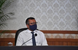 Minister Fayyaz at yesterday's press conference -- Photo: President's Office