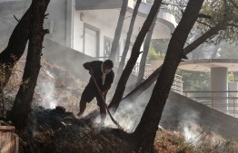 A local resident fights a fire restart in Thrakomakedones, near Mount Parnitha, north of Athens, on August 7, 2021. - Hundreds of firefighters battled a blaze on the outskirts of Athens as several fires raged in Greece -- Photo: Louisa Goulimaki/ AFP