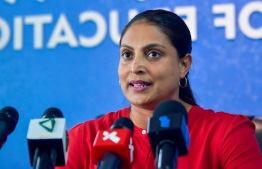 Education Minister Dr. Aishath Ali addressing the media in a press conference on Sunday — Photo: Ahmed Awshan Ilyas/ Mihaaru