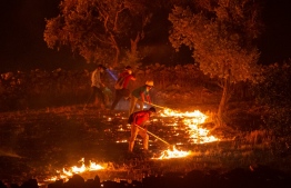 People try to extinguish a wildfire spreading in the village of Akcayaka in the area of Milas in the Mugla province, Turkey, on August 6, 2021. - In Turkey, at least eight people have been killed and dozens more hospitalised as the country struggles against its deadliest wildfires in decades. (Photo by Yasin AKGUL / AFP)