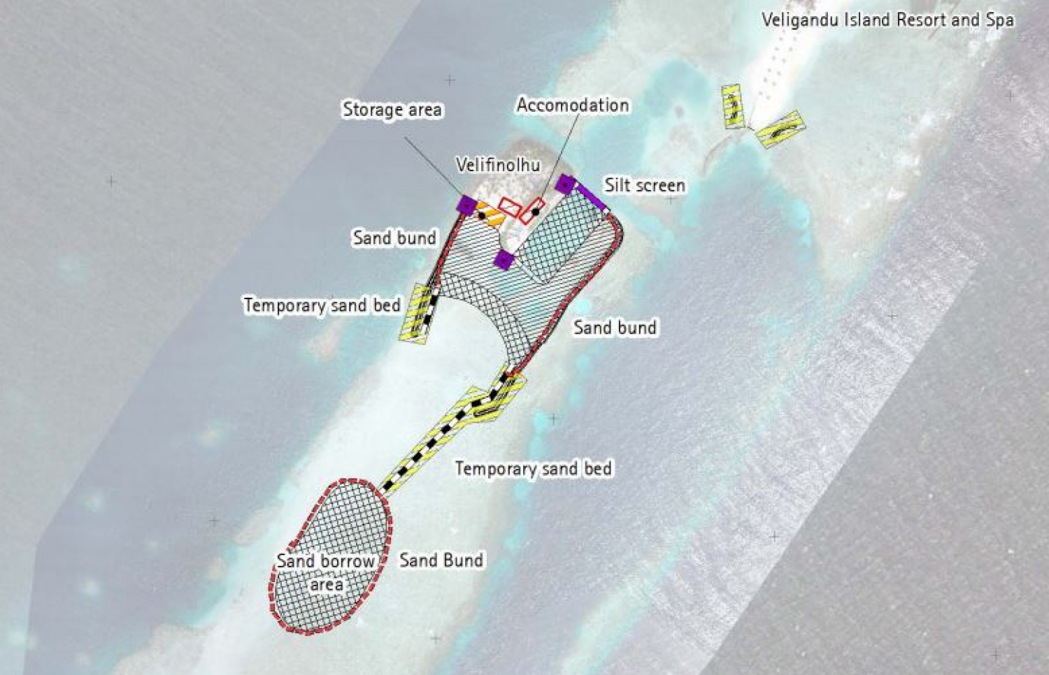 ވެލިފިނޮޅު ހިއްކުމަށް ވެލި ނަގާނެ ސަރަހައްދާއި ވަގުތީ ބެޑް ހަދާނެ ތަން ދައްކުވައިދޭ ކުރެހުމެއް -- ފޮޓޯ: އީއައިއޭ