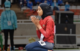 Aishath Himna Hassan has set a national record of women's 100 meters competing in the Commonwealth Games --Photo: MOC